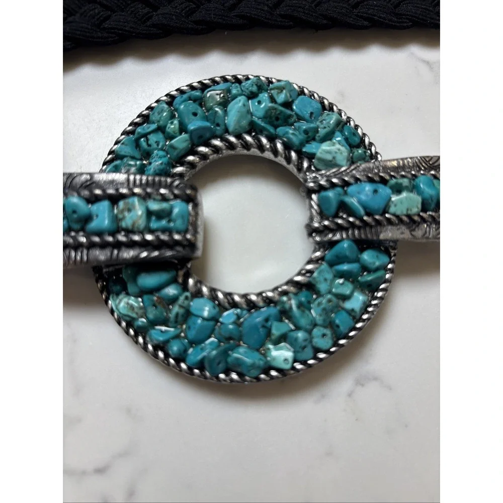 Chicos Southwest Boho Belt Turquoise Metal Round Buckle  Fabric Black Braided XL - Picture 7 of 7